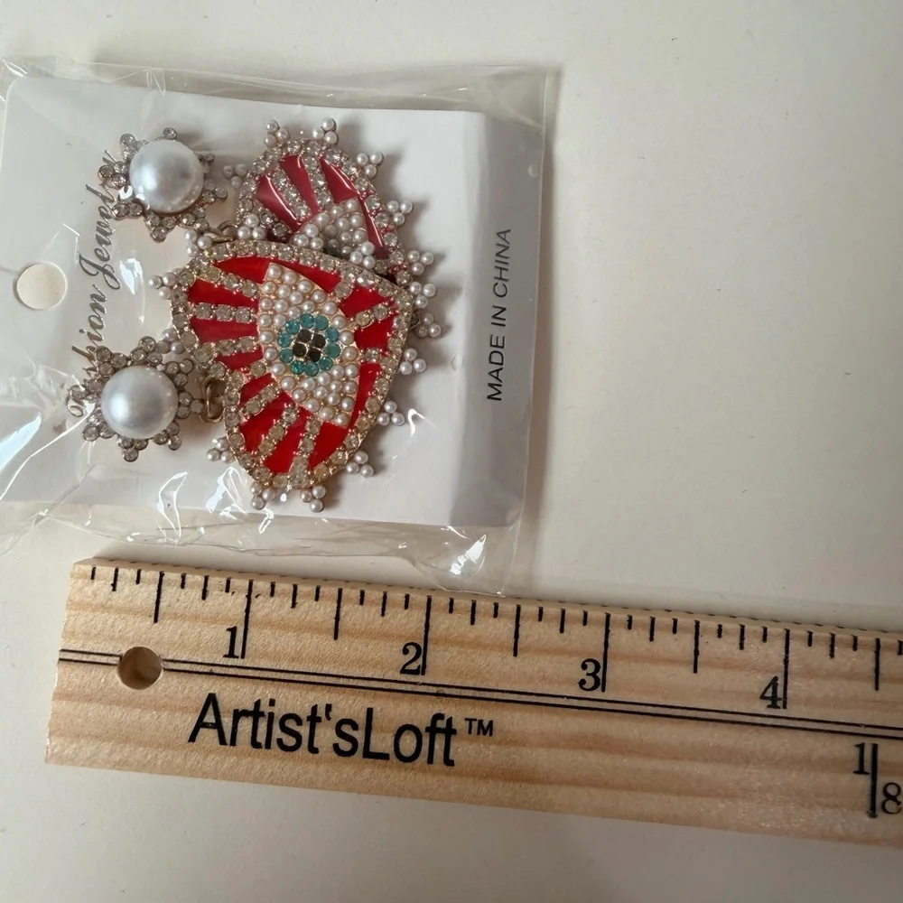 Red Gold Eye Heart Earrings Pearl Beaded Statement Romantic Maximalist
